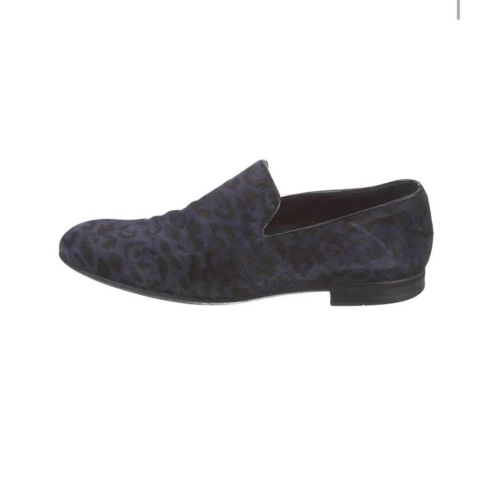 Jimmy Choo Mens Leopard Print Calf Hair Loafers Navy Blue Black Size 9.5 Luxury